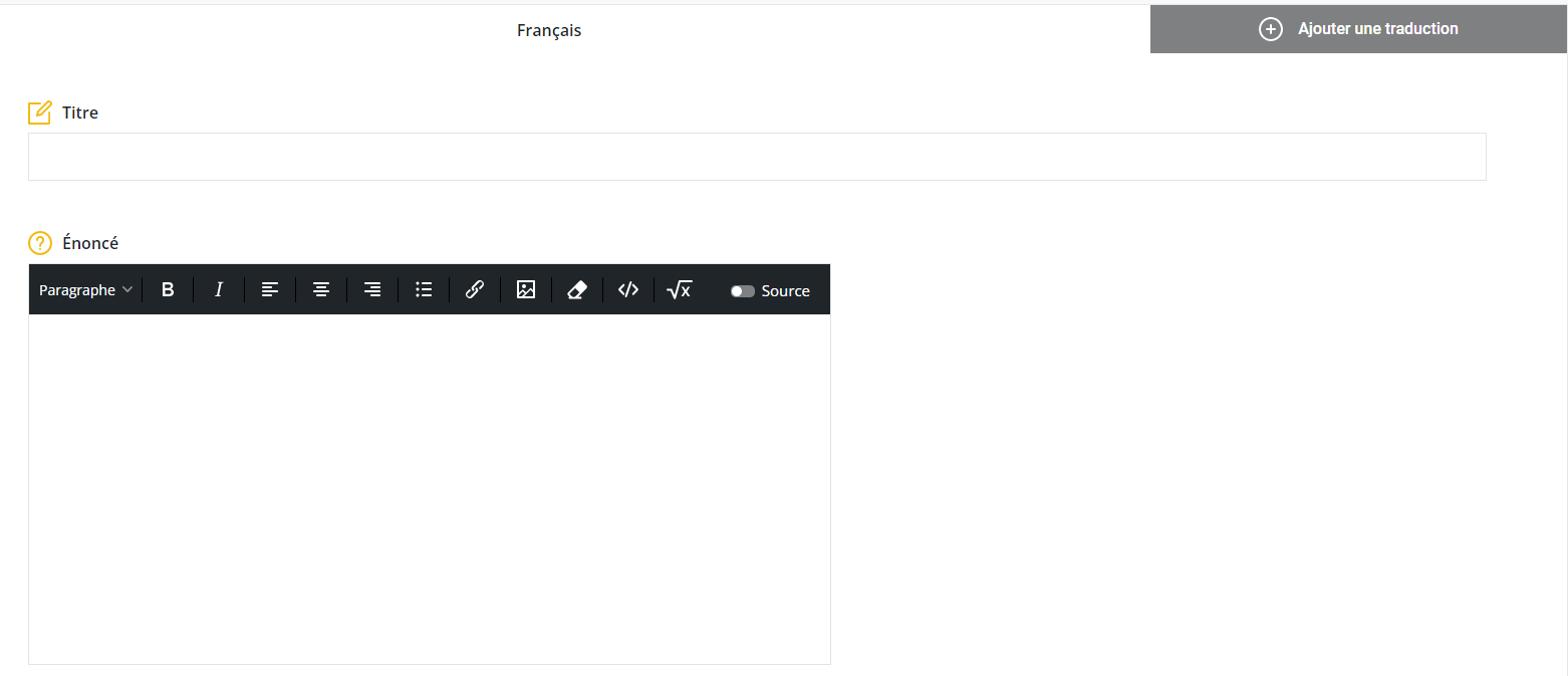 Page de création d'une question de texte vide. Constituée des champs titre et énoncé.