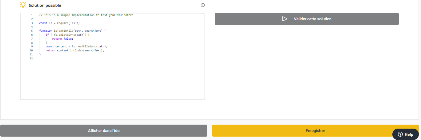 Section des solutions possibles avec une boîte de code à gauche et un bouton "valider la solution" à droite.