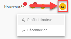 Une flèche pointant vers les initiales de l'utilisateur avec un menu déroulant donnant la possibilité de sélectionner soit mes paramètres, soit la déconnexion.
