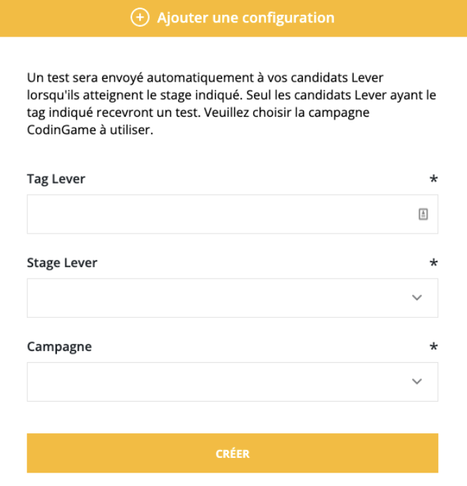 La fenêtre de configuration des ajouts avec une balise de levier de "java 2.0" sélectionnée et la liste déroulante "stade du levier" ouverte avec le stade "responsded" en surbrillance.