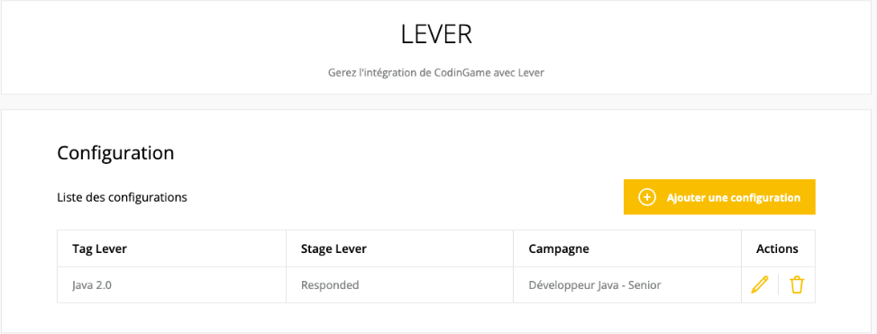 Section de configuration affichée avec une nouvelle ligne de configuration. Les colonnes répertoriées sont les suivantes : étiquette de levier, étape de levier, campagne (test) et actions.