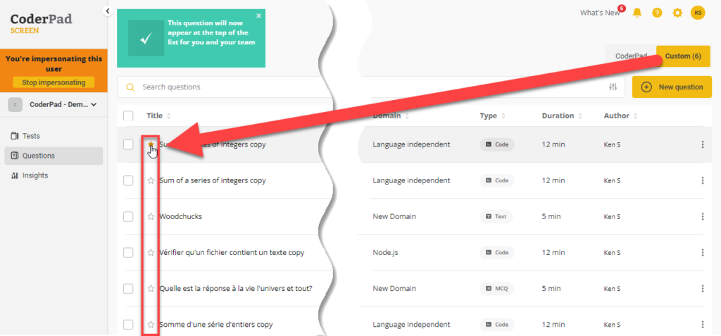 Custom question list with the star icons highlighted next to their respective questions.