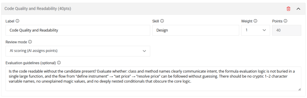 Screenshot of a CoderPad Screen rubric criterion editor. Header reads "Code Quality and Readability (40pts)". Fields shown: Label = "Code Quality and Readability", Skill = "Design", Weight = 1, Points = 40, Review mode = "AI scoring (AI assigns points)". An "Evaluation guidelines" text area describes what to assess: code readability without the candidate present, clear class and method names, formula evaluation logic not buried in a single large function, and a readable flow from "define instrument" to "set price" to "resolve price", with no cryptic variable names, unexplained magic values, or deeply nested conditionals.