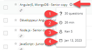 The test info modal with a 1 next to number of questions, a 2 next to test time, a 3 next to test creator, and a 4 next to test creation date.