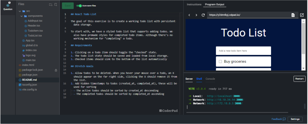 An interview pad with the "instructions" tab selected and instruction text displayed.