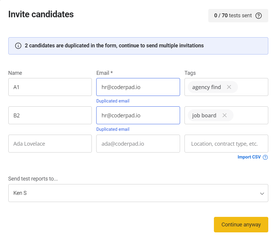The candidate invite screen is shown with a list of candidates. In the name field is non-name identification text.