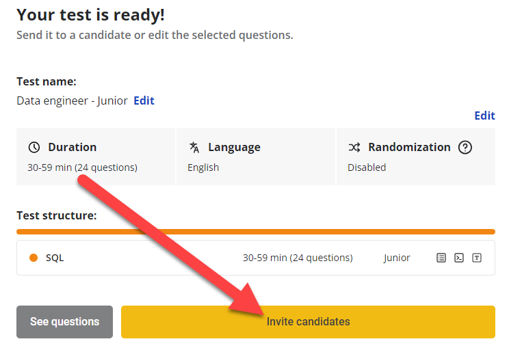 Last page of the test creation process is shown with an arrow pointing towards the "invite candidates" button.