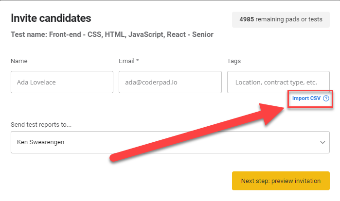 Test invitation page shown with an arrow pointing towards the "import csv" button in the top right of the screen.