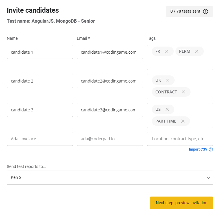 The candidate invitation screen after the csv has been imported. the name, email, and tags columns are filled out.