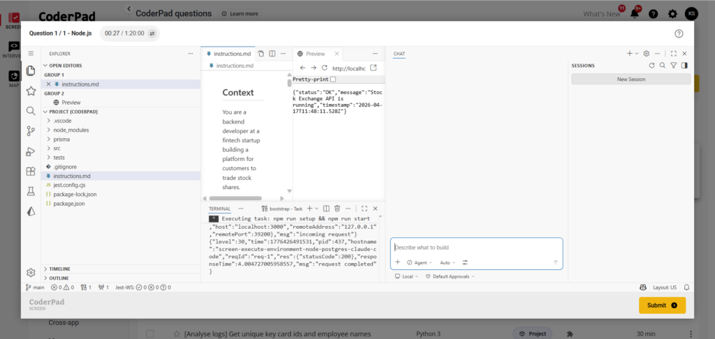 Screenshot of a CoderPad coding environment showing a Node project. The screen is split into three main panels: a file explorer and instructions on the left, a live preview of a webpage titled “Global Alliance for Literacy” with a speaker icon in the center, and an AI assistant chat on the right discussing code efficiency improvements. A terminal at the bottom shows a development server running.