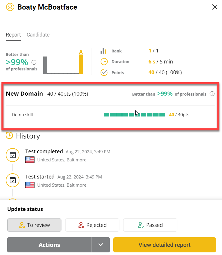 A candidate results report showing the results of the testing in the new domain.