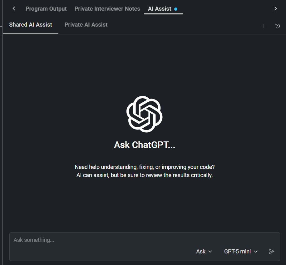CoderPad AI Assist panel showing the empty "Ask ChatGPT…" state in Shared AI Assist, with Ask mode and GPT-5 mini selected.