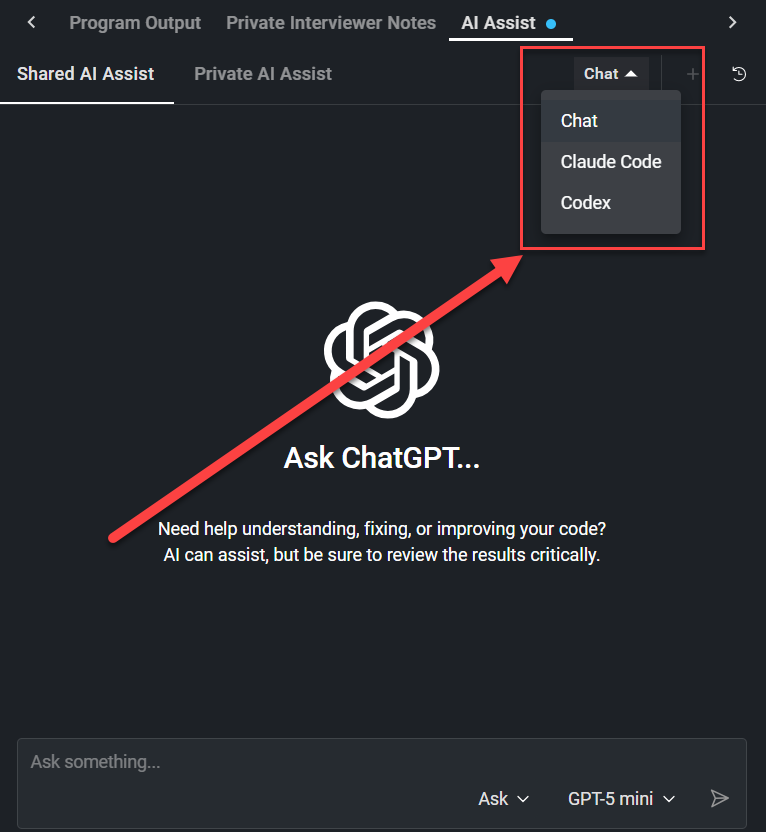 CoderPad Shared AI Assist panel with a red arrow highlighting an open "Chat" dropdown in the top right, showing Chat, Claude Code, and Codex as selectable agent options.