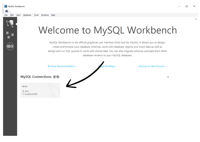 MySQL Workbench Connection An arrow pointing to where you click to connect to a MySQL instance in MySQL Workbench