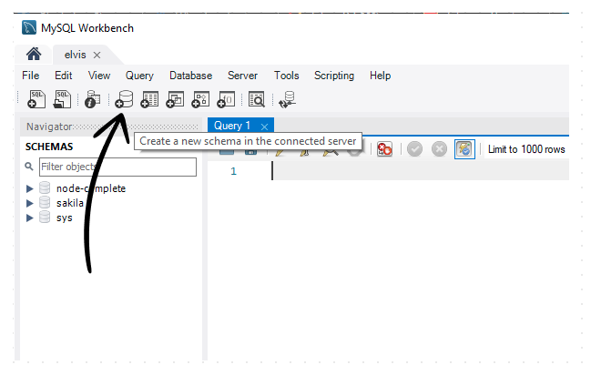 MySQL Workbench - Creating Schema An arrow pointing to the button you click to create a new schema in MySQL Workbench