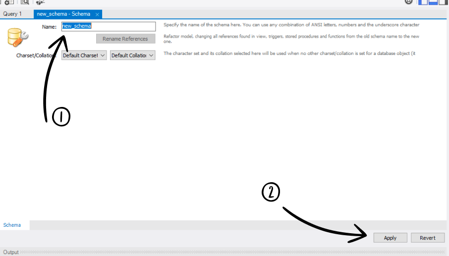 MySQL Workbench - Creating Schema Arrows showing steps in naming your schema in MySQL Workbench.